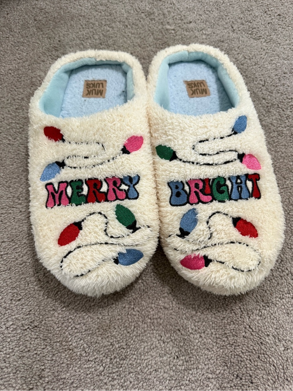 Muk Luks Cream Fuzzy Slippers with Multicolor Embroidered Lights